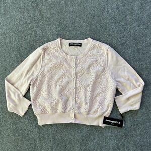 Karl Lagerfeld Sweater Womens Large Pink Lace Cardigan Pearl Button Floral Knit